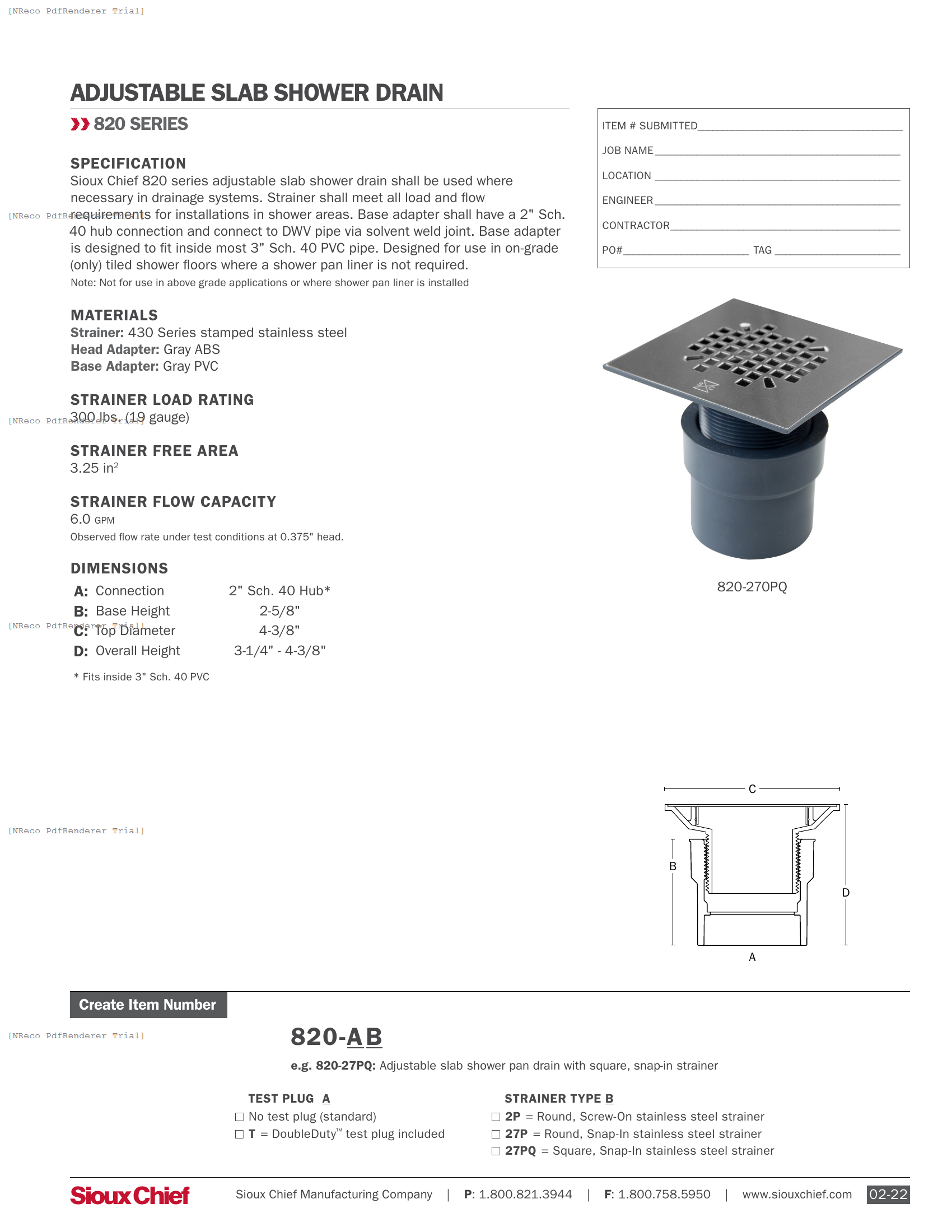 820 SERIES - SLAB SHOWER DRAIN WITH STAMPED STRAINER - SPEC SHEET.PDF Specification Document